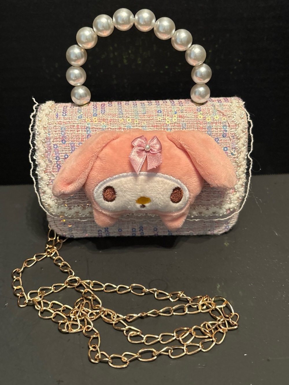 Sanrio My Melody Pink Tweed w/Sequins & Faux Pearls Child’s Purse